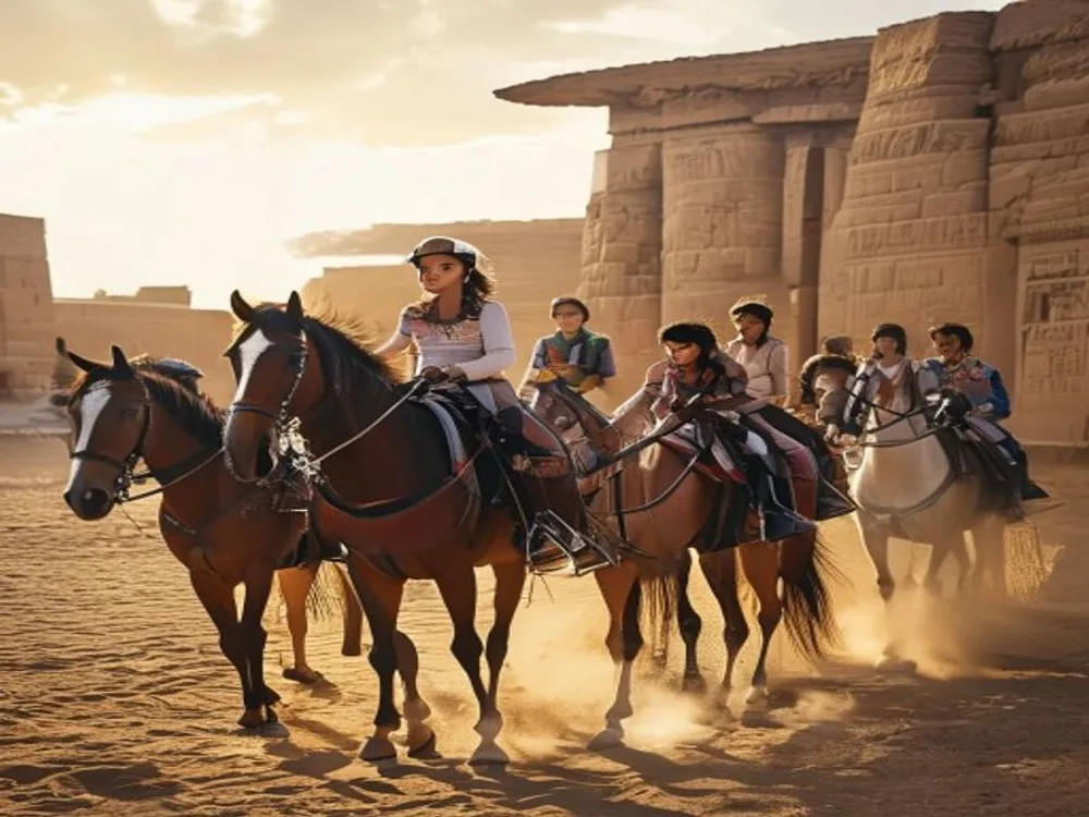 مجموعة مراهقين في درس جماعي لركوب الخيل في الجيزة